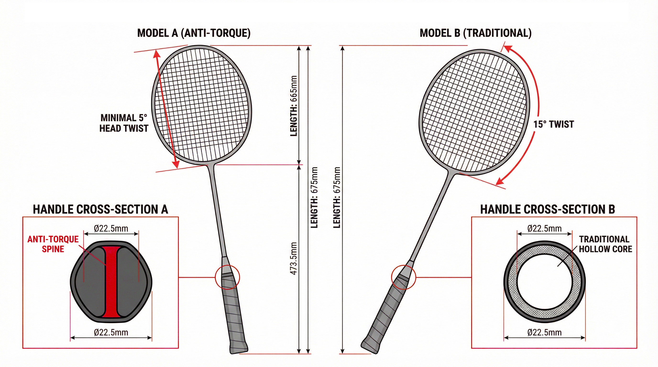Torque requirement for different types of rackets in badminton